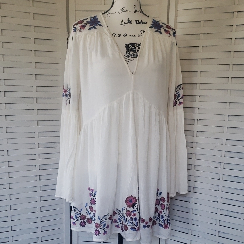 Free People Te Amo Embroidered White Floral Bell Sleeves Women's Mini Dress XS